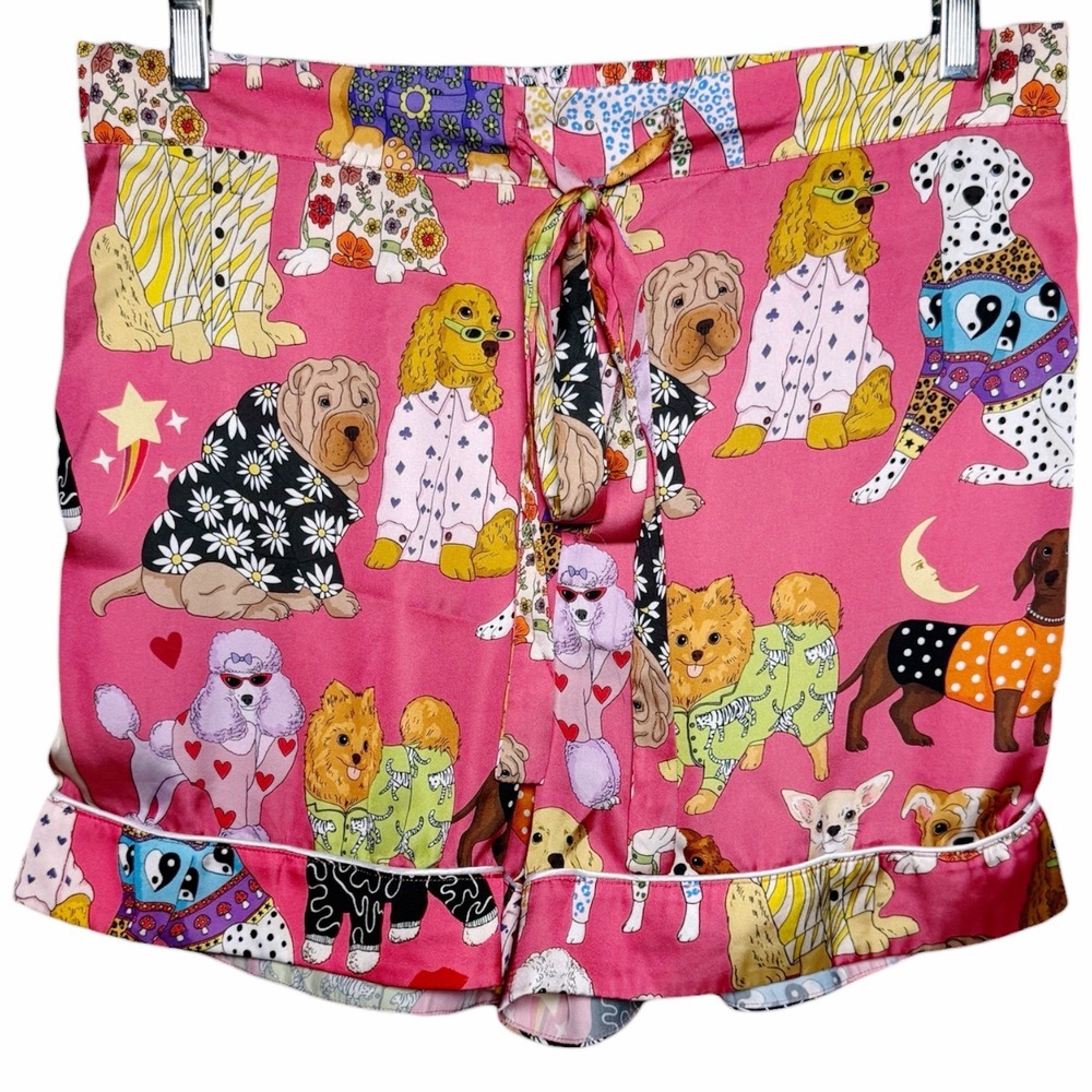 KAREN MABON Fashion Dogs Pink Satin Pajama Set Short Sleeve PJs Size Medium - Picture 4 of 10